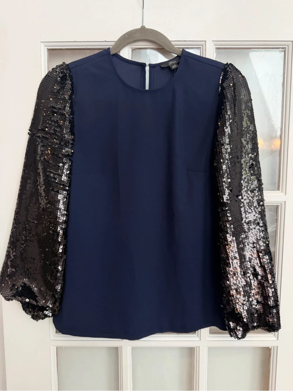 J. Crew Navy Blue Black Sequin Sleeve Formal Party Crepe Blouse Top Size XXS NWT